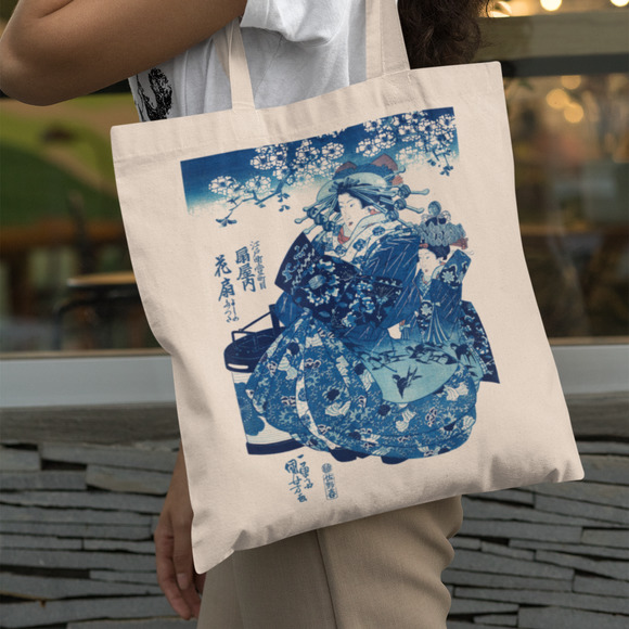 Blue Japanese Geisha Woman Canvas Tote - Picture 1 of 5